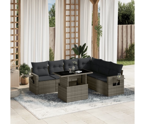 Set de sofás de jardín 7 pzas con cojines ratán sintético gris