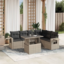 Set de sofás de jardín 7 pzas con cojines ratán PE gris claro