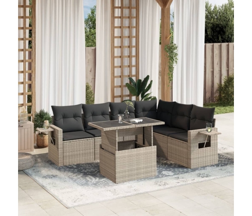 Set de sofás de jardín 7 pzas con cojines ratán PE gris claro