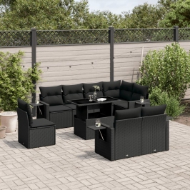 Set de sofás de jardín 8 piezas y cojines ratán sintético negro