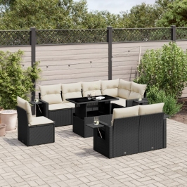 Set de sofás de jardín 8 piezas y cojines ratán sintético negro
