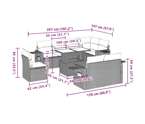 Set de sofás de jardín 9 pzas con cojines ratán sintético beige