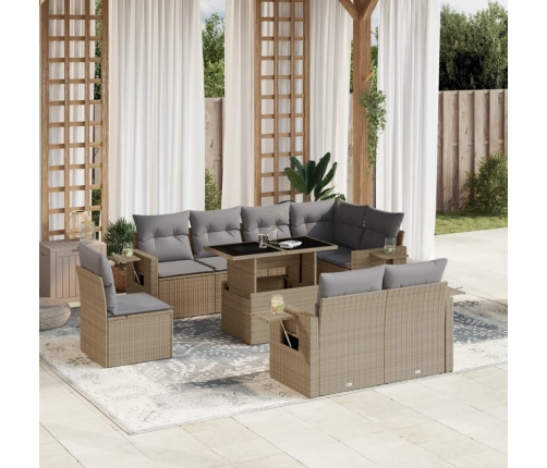 Set de sofás de jardín 9 pzas con cojines ratán sintético beige