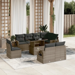 Set de muebles de jardín 9 pzas y cojines ratán sintético gris