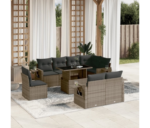 Set de muebles de jardín 9 pzas y cojines ratán sintético gris
