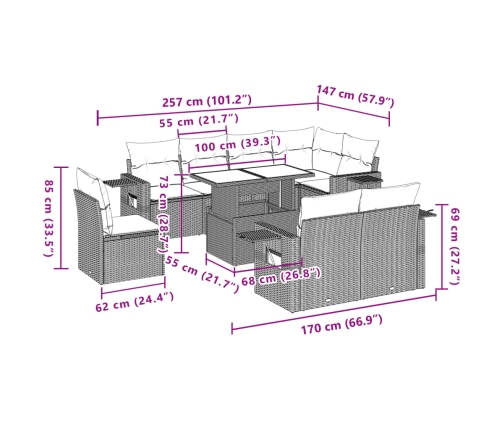 Set muebles jardín 9 pzas y cojines ratán sintético gris claro
