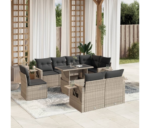 Set muebles jardín 9 pzas y cojines ratán sintético gris claro