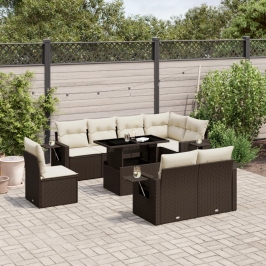 Set de sofás de jardín 9 pzas y cojines ratán sintético marrón