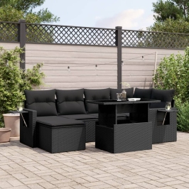 Set de sofás de jardín 7 pzas con cojines ratán sintético negro