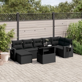 Set de sofás de jardín 8 piezas y cojines ratán sintético negro