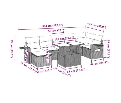 Set de sofás de jardín 8 pzas y cojines ratán sintético gris