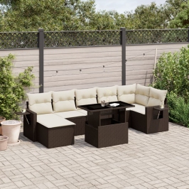 Set sofás de jardín 8 piezas y cojines ratán sintético marrón