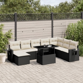 Set de sofás de jardín 8 piezas y cojines ratán sintético negro