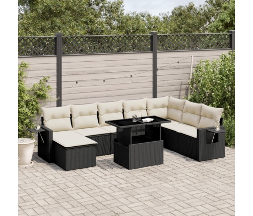 Set de sofás de jardín 8 piezas y cojines ratán sintético negro