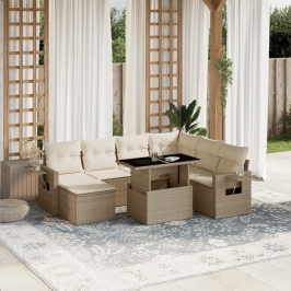 Set de sofás de jardín y cojines 8 piezas ratán sintético beige