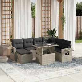 Set de sofás de jardín 8 pzas y cojines ratán sintético gris