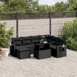 Set de sofás de jardín 8 piezas y cojines ratán sintético negro