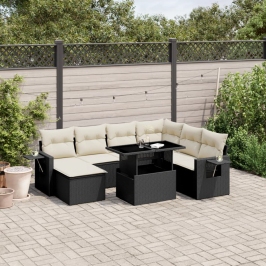 Set de sofás de jardín 8 piezas y cojines ratán sintético negro