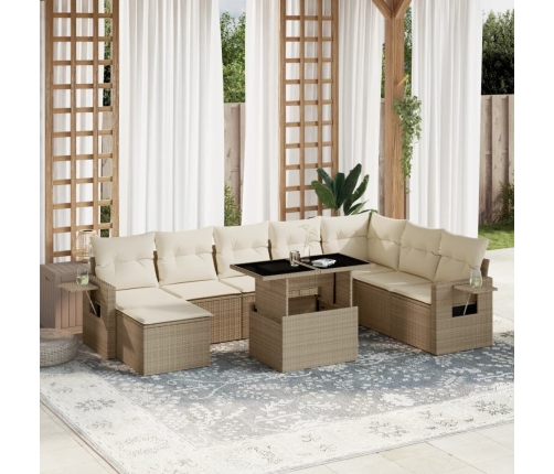 Set de sofás de jardín 9 pzas con cojines ratán sintético beige