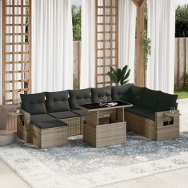 Set de muebles de jardín 9 pzas y cojines ratán sintético gris