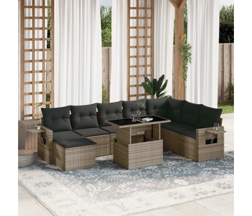 Set de muebles de jardín 9 pzas y cojines ratán sintético gris
