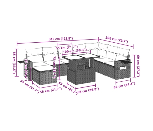 Set muebles jardín 9 pzas y cojines ratán sintético gris claro