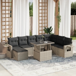 Set muebles jardín 9 pzas y cojines ratán sintético gris claro