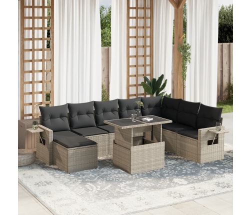 Set muebles jardín 9 pzas y cojines ratán sintético gris claro