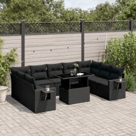 Set de sofás de jardín 10 pzas cojines ratán sintético negro