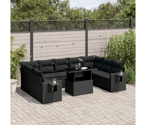 Set de sofás de jardín 10 pzas cojines ratán sintético negro