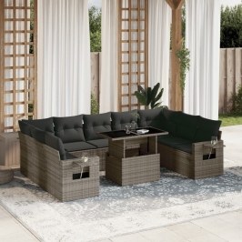 Set de sofás de jardín 10 pzas con cojines ratán sintético gris