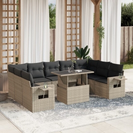 Set sofás jardín 10 pzas con cojines ratán sintético gris claro