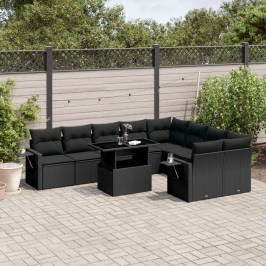 Set de sofás de jardín 10 pzas cojines ratán sintético negro