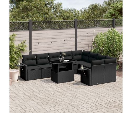 Set de sofás de jardín 10 pzas cojines ratán sintético negro