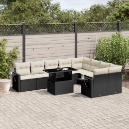 Set de sofás de jardín 10 pzas cojines ratán sintético negro