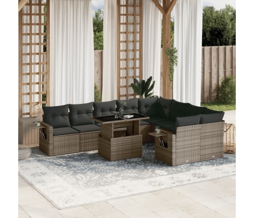 Set de sofás de jardín 10 pzas con cojines ratán sintético gris