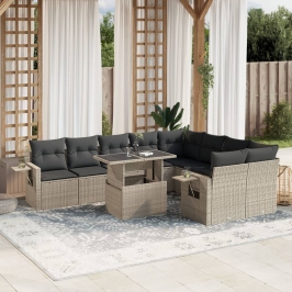 Set sofás jardín 10 pzas con cojines ratán sintético gris claro