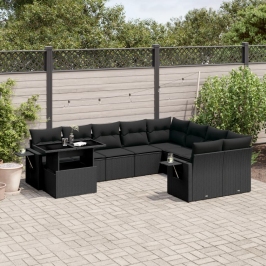 Set de sofás de jardín 10 pzas cojines ratán sintético negro