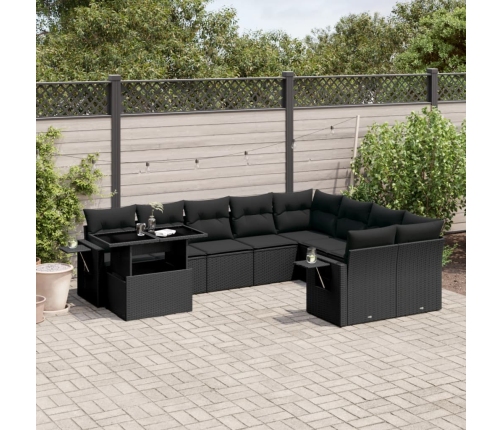 Set de sofás de jardín 10 pzas cojines ratán sintético negro