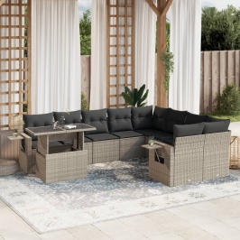Set sofás jardín 10 pzas con cojines ratán sintético gris claro