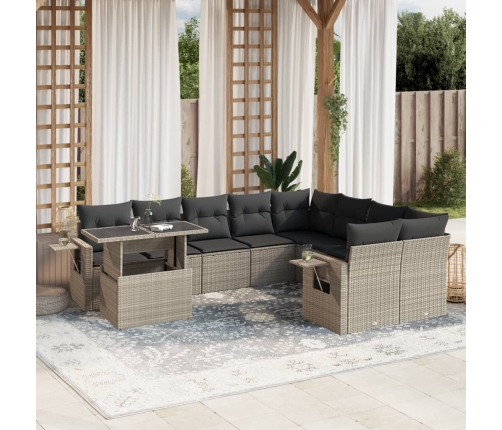 Set sofás jardín 10 pzas con cojines ratán sintético gris claro