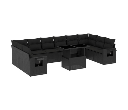 Set de sofás de jardín 11 pzas y cojines ratán sintético negro