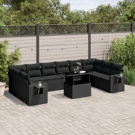 Set de sofás de jardín 11 pzas y cojines ratán sintético negro