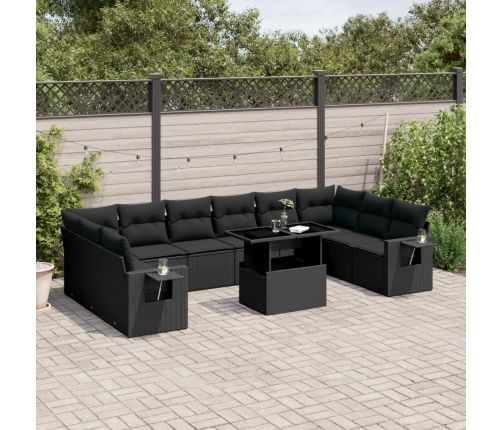 Set de sofás de jardín 11 pzas y cojines ratán sintético negro