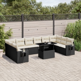 Set de sofás de jardín 11 pzas y cojines ratán sintético negro