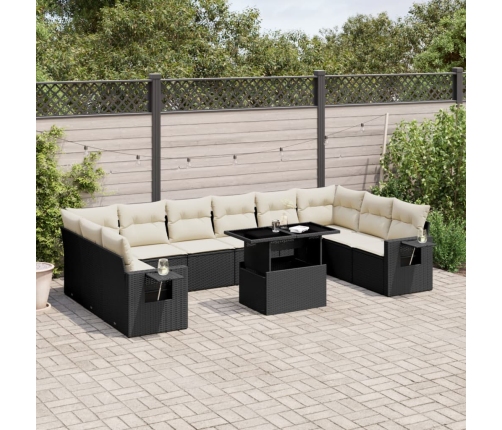 Set de sofás de jardín 11 pzas y cojines ratán sintético negro