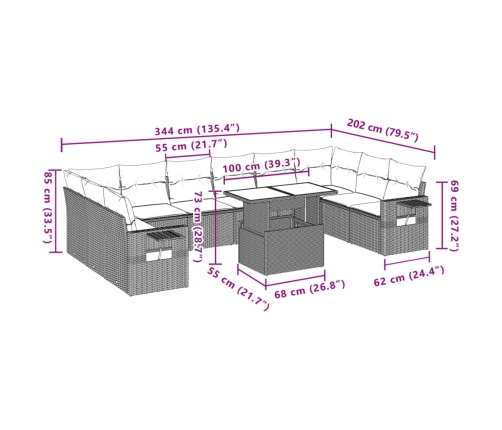 Set de sofás de jardín 11pzas con cojines ratán sintético beige