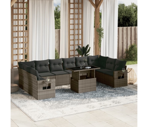 Set de sofás de jardín 11 pzas y cojines ratán sintético gris