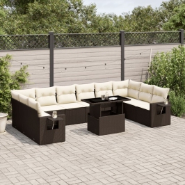 Set de sofás de jardín 11 pzas cojines ratán sintético marrón