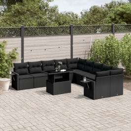 Set de sofás de jardín 11 pzas y cojines ratán sintético negro